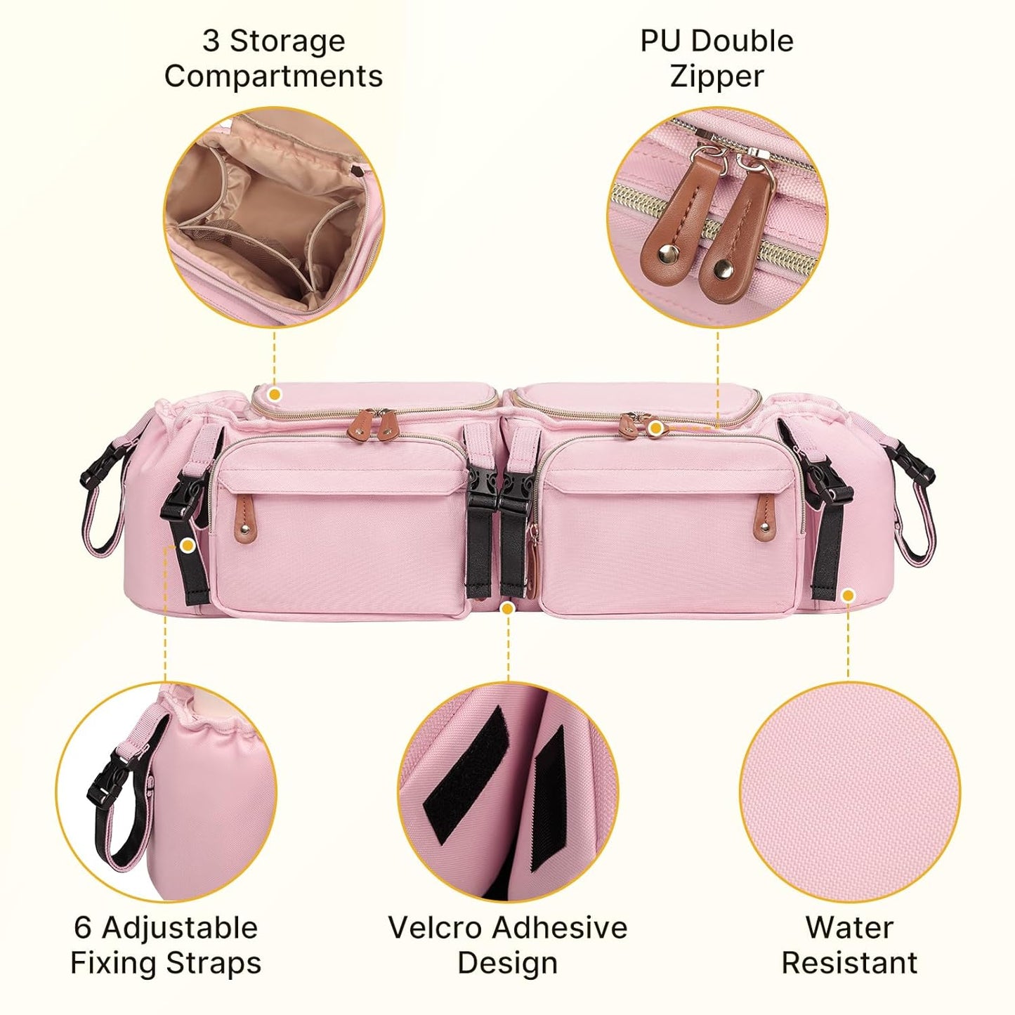 Boomistry Double Stroller Organizer for Bob Duallie and Baby Jogger City Mini GT2, Double Stroller Caddy Organizers with Cup Holder and 2 Cooler Pockets Parent Console Double Stroller Accessories