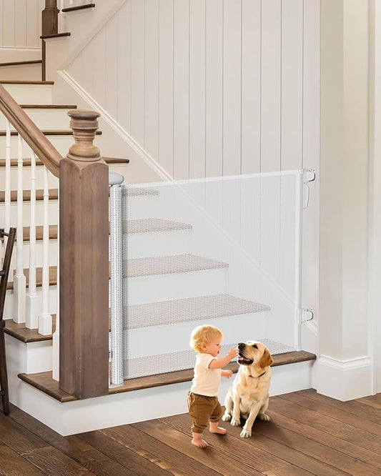 Retractable Baby Gate for Stairs - 55" Wide Mesh Dog Gate Indoor, Two-Step Safety Lock, 34" Tall Child Gate for Doorways, Hallways, Deck, Indoor Outdoor Garage, White