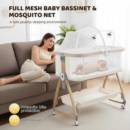 Bassinet Bedside Sleeper,Bedside Bassinet,Rocking Bassinet,3 in 1 Portable Bedside Crib with Mattress,Mobile,Mosquito Net,Storage Basket,6-Height Adjustable Baby Bassinet with Wheels for Newborn,Beige