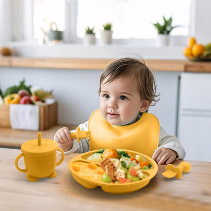 Baby Led Weaning Supplies, 17 Piece BPA-Free Silicone Feeding Set, Eating Essentials Baby Utensils with Suction Plate and Bowl, Pocket Bib, Sippy Cup with Lid, for 6+ Months, Blue