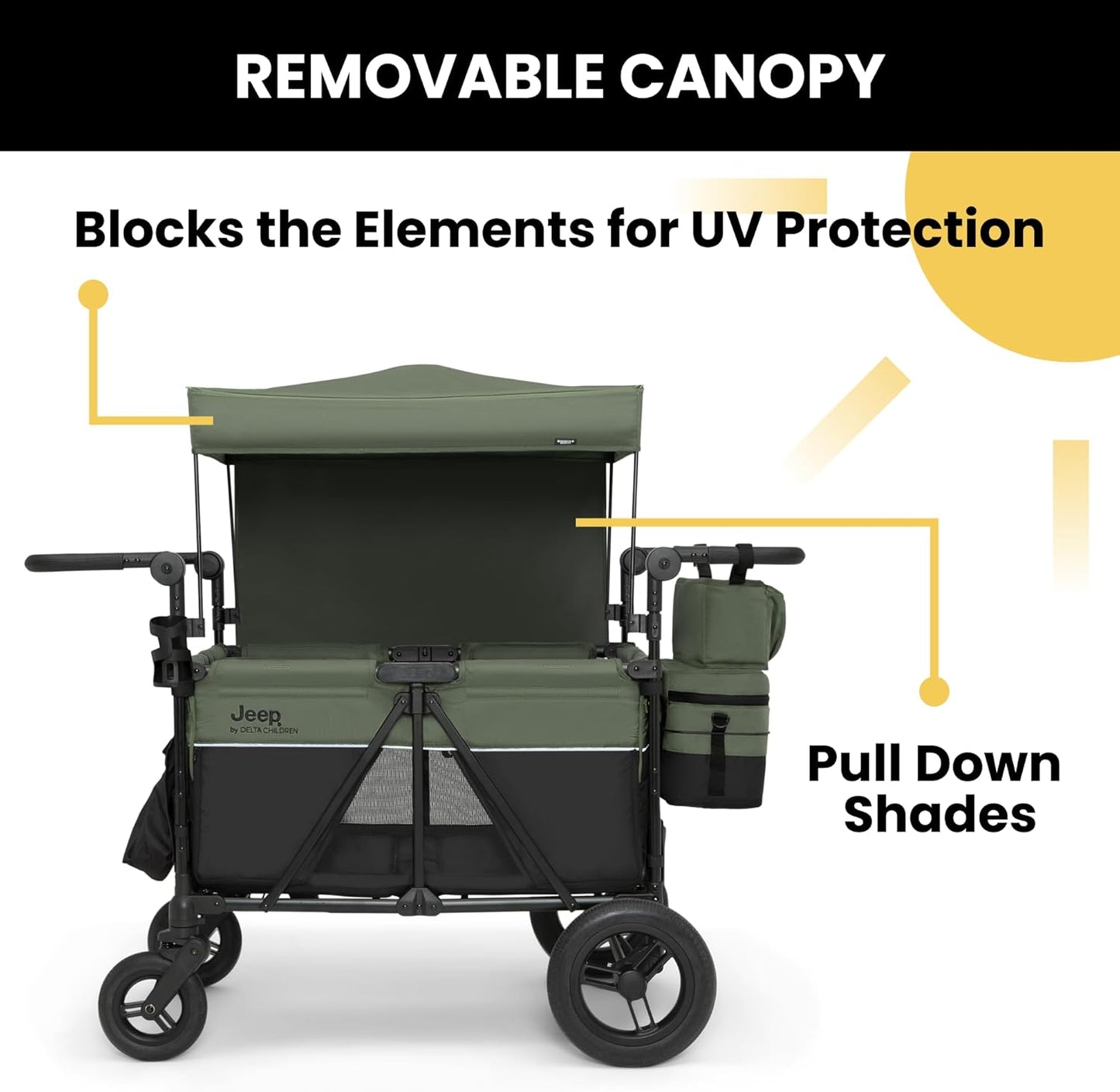 Jeep Wrangler Deluxe 4 Seater Stroller Wagon by Delta Children - Premium Quad Stroller Wagon for 4 Kids with Convertible Seats, Adjustable Push/Pull Handles, Removable Canopy & Flat Fold, Grey
