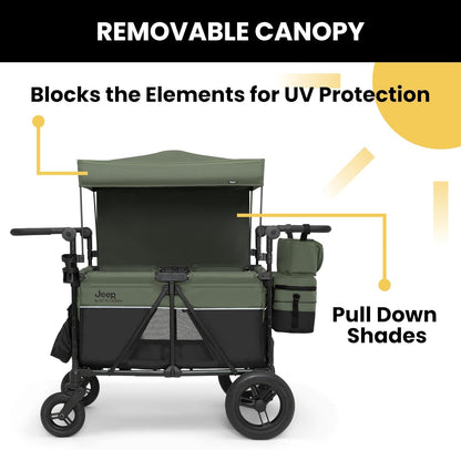 Jeep Wrangler Deluxe 4 Seater Stroller Wagon by Delta Children - Premium Quad Stroller Wagon for 4 Kids with Convertible Seats, Adjustable Push/Pull Handles, Removable Canopy & Flat Fold, Grey