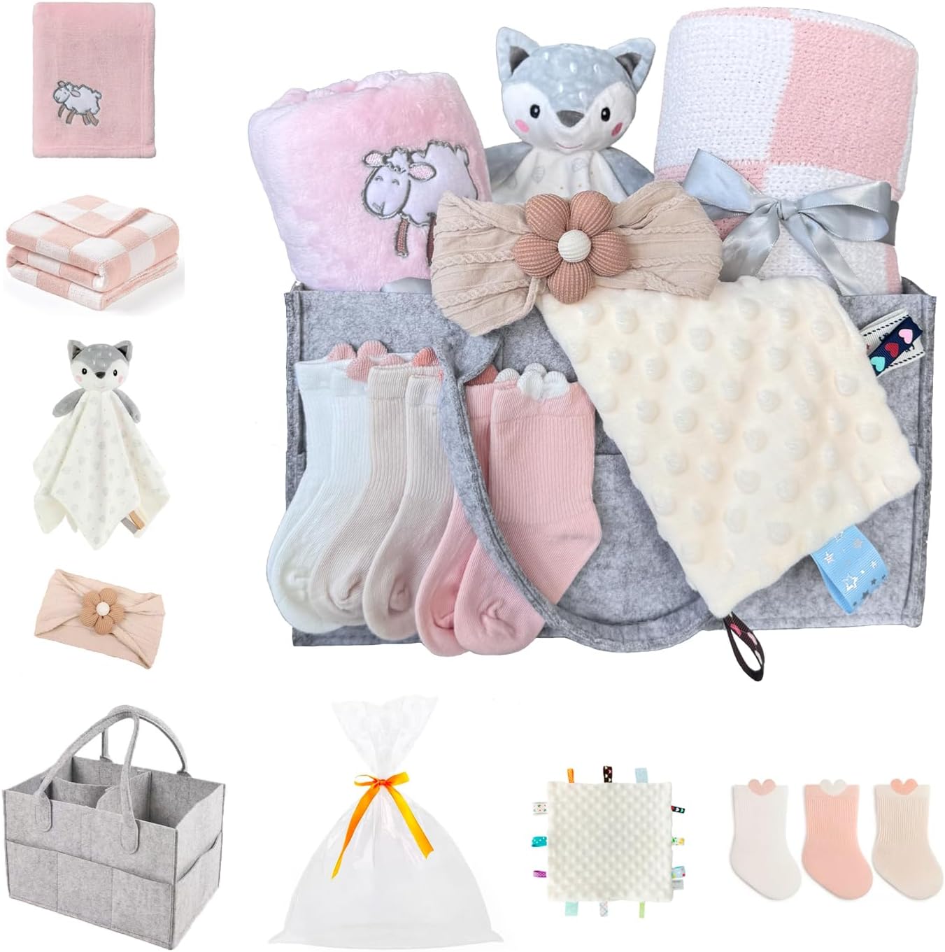 CREVENT Diaper Caddy Organizer, Baby Basket with Handle, Table Organizer for Storage, Portable Car Organizer, Baby Shower Gifts + Gift bag with Ribbon