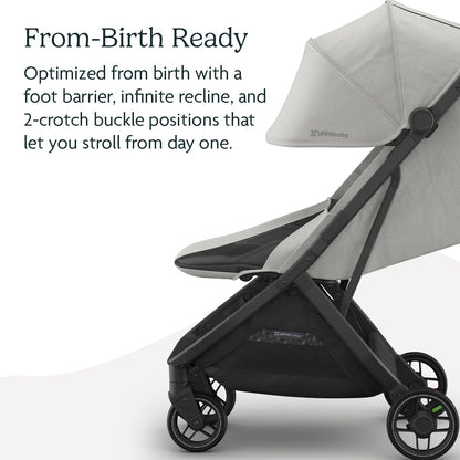 UPPAbaby Minu V3 Travel Stroller | Lightweight + Compact Design | One-Hand Fold + Unfold | from Birth + Overhead Compatible | Evelyn (Meadow Green/Carbon Frame/Chestnut Leather)