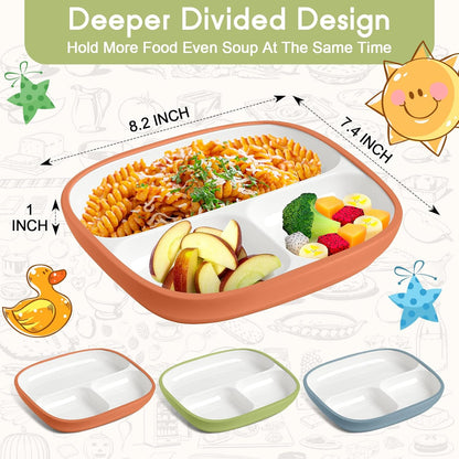 Domensi Kids Porcelain Plates with Silicone Sleeves 8.2 Inch Divided Porcelain Plate Toddler White Suction Dishes for Baby Troubleless Eating Microwave Dishwasher Safe(Stylish,3 Set)
