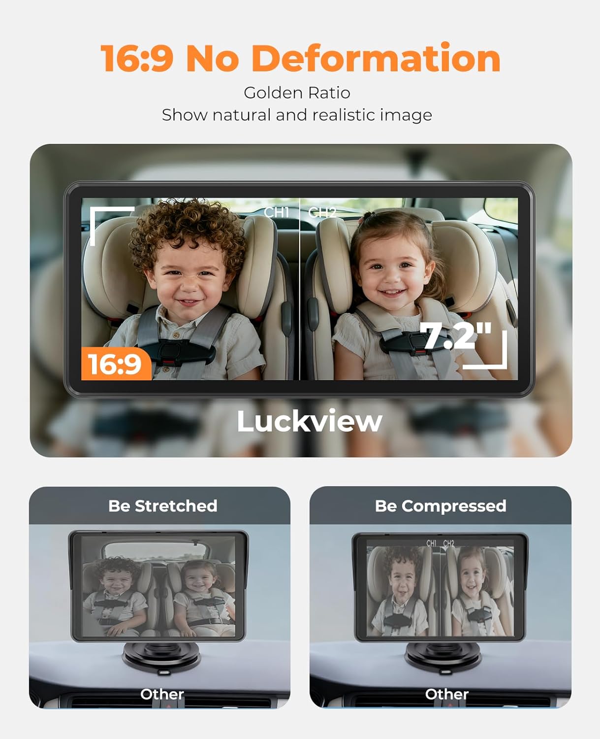 LUCKVIEW BM5PRO 7.2" Dual Camera Baby Monitor, 1080P HD Display for 2 Kids, Night Vision, Easy Install Car Baby Monitor, Ideal Gift, Rear Seat Safety for Babies & Pets