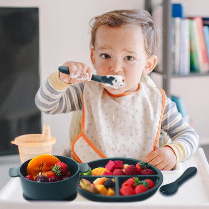 Dandat 24 Pcs Silicone Baby Feeding Set,6 Baby Toddler Suction Bowls 6 Divided Suction Plates with 6 Forks 6 Spoons, Utensils Set for Weaning Infant Feeding and Eating, 6 Styles (Elegant Color)