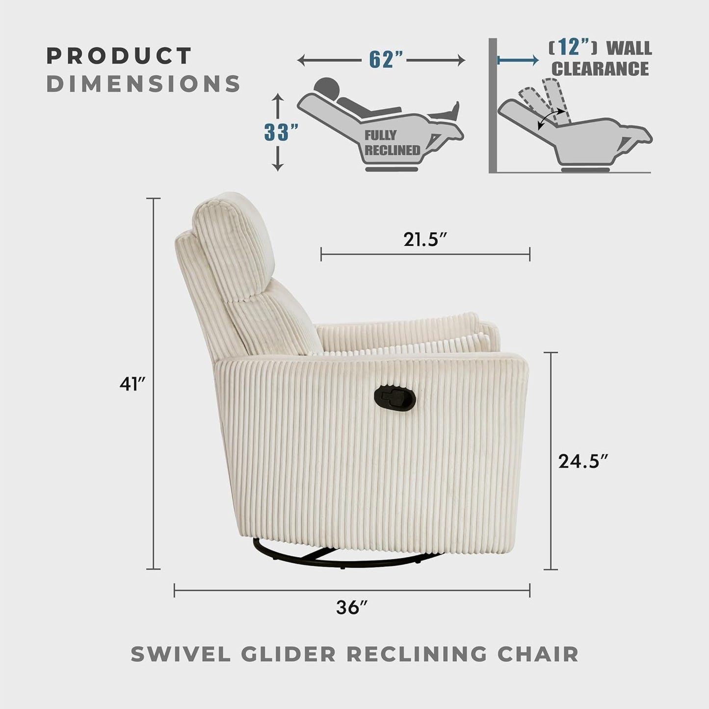 Lexicon Modern Swivel Glider Recliner Chair, Nursery Glider, Corduroy Fabric Upholstery Recliner with 2 Lumbar Pillows, Manual Reclining Sofa Chair for Living Room/Office/Apartment, Beige