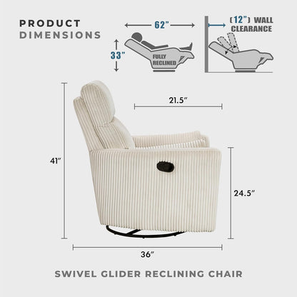 Lexicon Modern Swivel Glider Recliner Chair, Nursery Glider, Corduroy Fabric Upholstery Recliner with 2 Lumbar Pillows, Manual Reclining Sofa Chair for Living Room/Office/Apartment, Beige