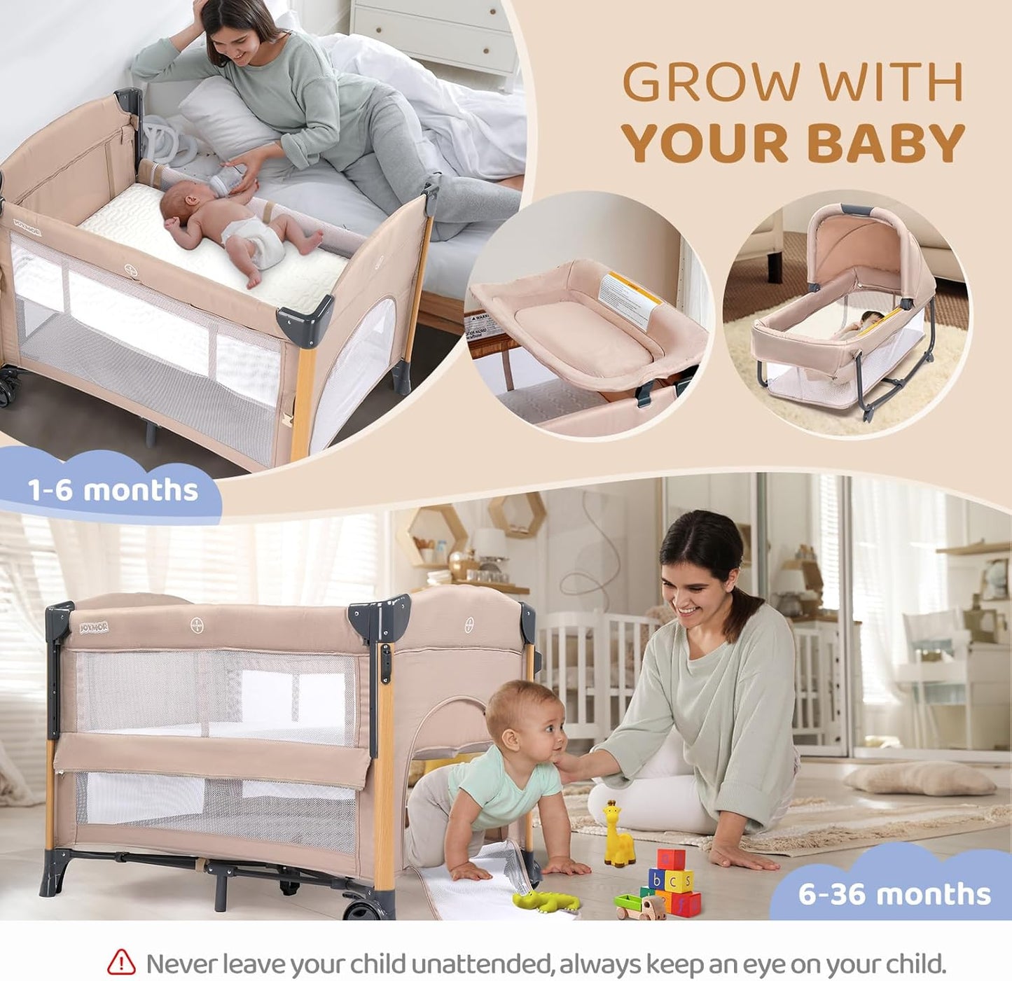 JOYMOR 7 in 1 Bedside Bassinet with Changing Table, All in One Nursery Center, Bedside Sleeper with Mattress, Sheet, Canopy, Storage Shelf,Gray