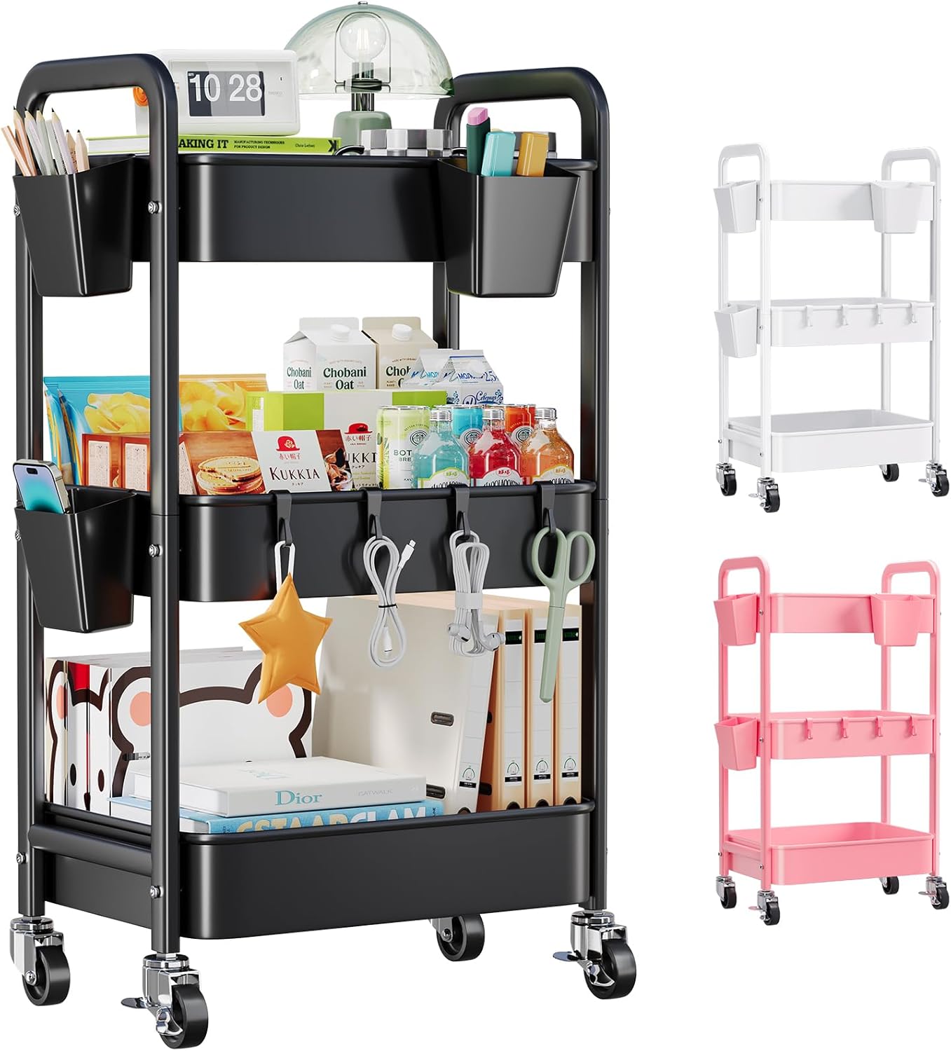 Beige 3 Tier Rolling Cart Metal on Wheels, Three Tiered Storage Organizer Utility Trolley with Wheels for Art, Craft, Baby Diaper Caddy, Snack, Book, Nail, Lash, Cleaning Supplies, Kitchen, Bathroom