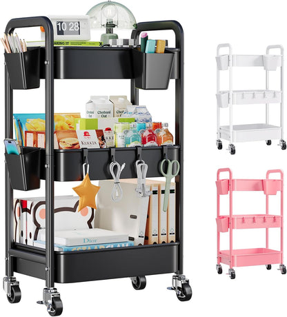 Beige 3 Tier Rolling Cart Metal on Wheels, Three Tiered Storage Organizer Utility Trolley with Wheels for Art, Craft, Baby Diaper Caddy, Snack, Book, Nail, Lash, Cleaning Supplies, Kitchen, Bathroom