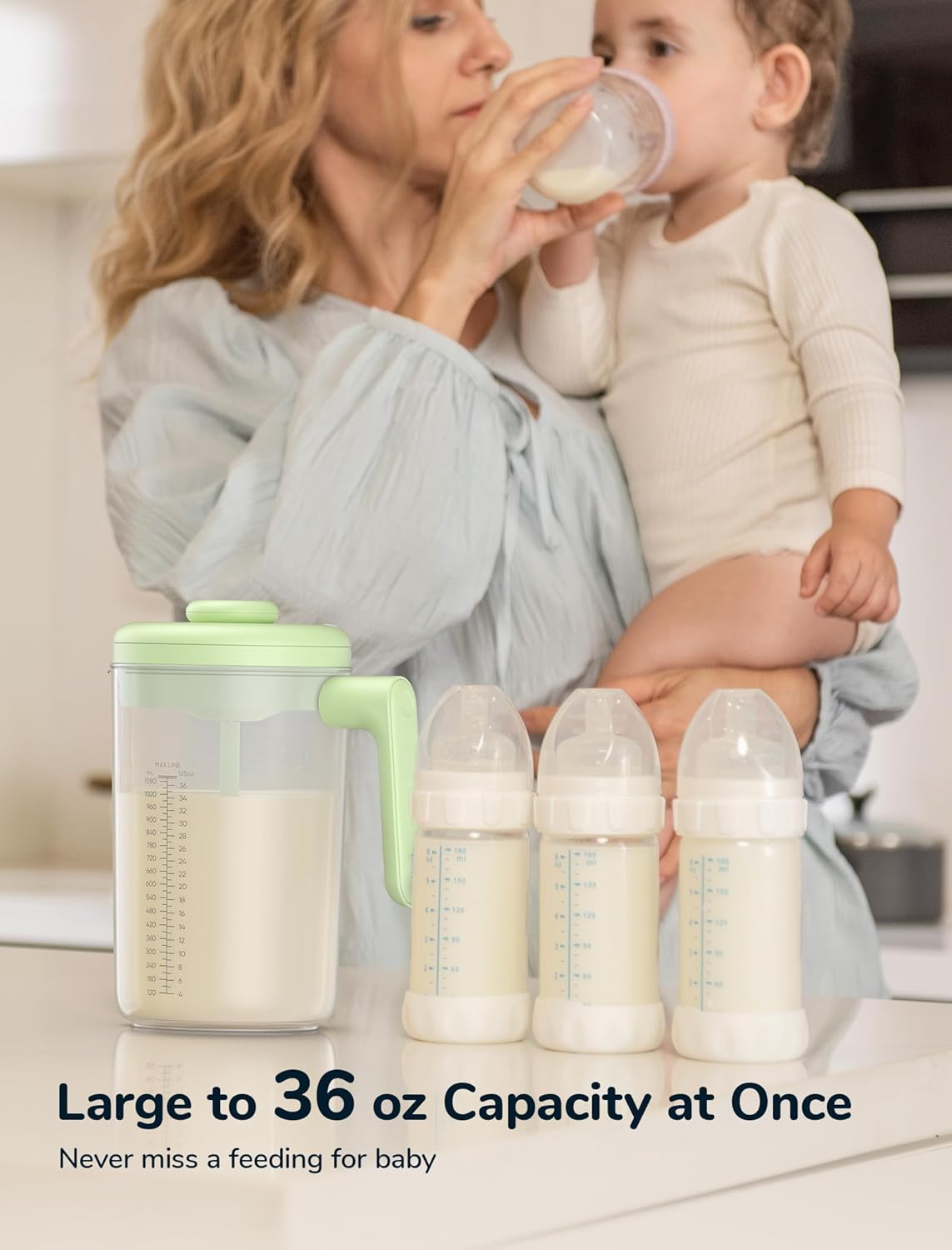 Electric Formula Pitcher, 36 oz Baby Formula Mixing Pitcher, Automatic Baby Formula Mixer, Bidirectional Stirring Breastmilk Pitcher, Locking Lid Smooth Formula Maker Milk Storage for Fridge（Green)