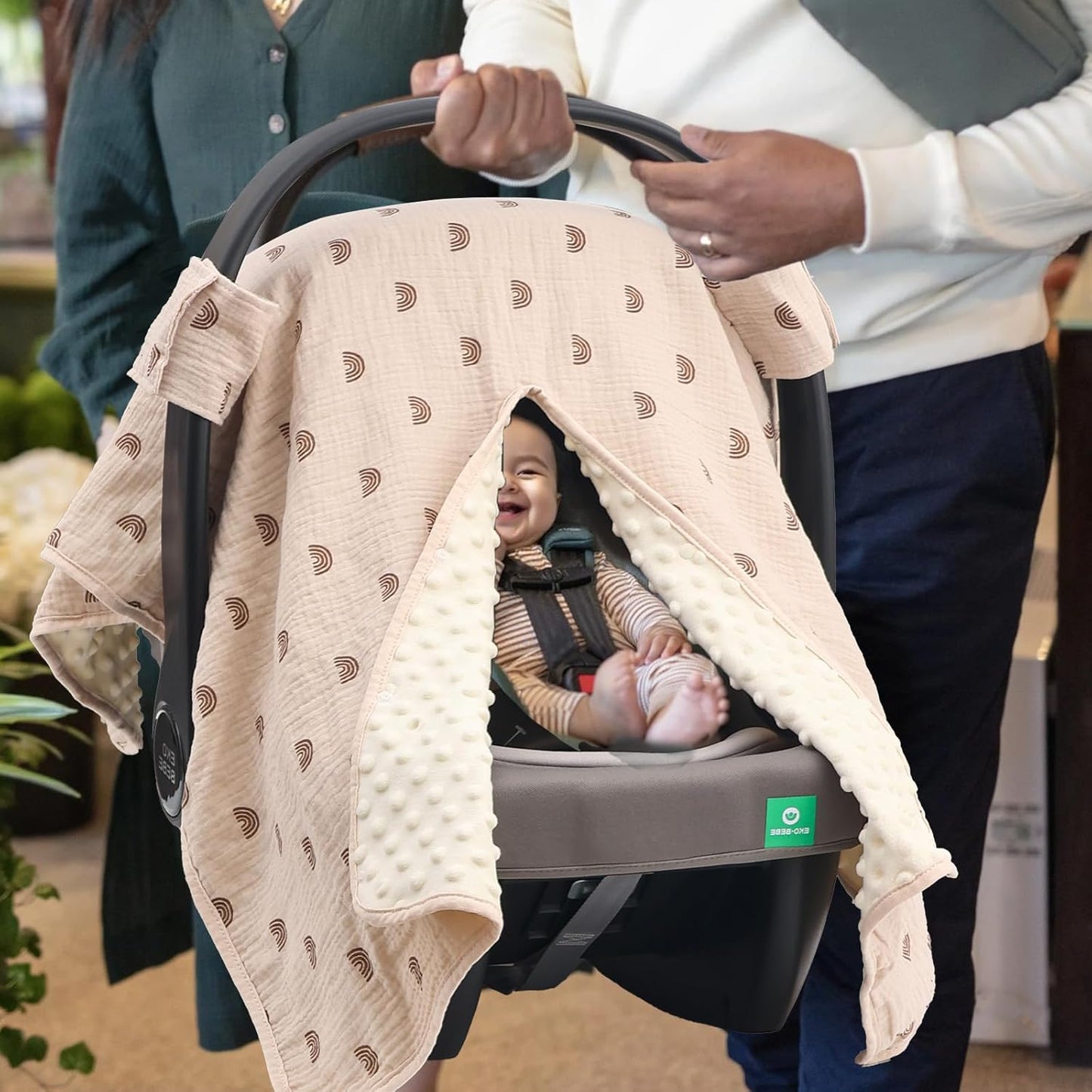 2-in-1 Baby Car Seat Cover & Canopy | Mom Nursing Cover, Easy Install Shield | Multi-Purpose for Winter Warmth & Summer Shade (Brown)