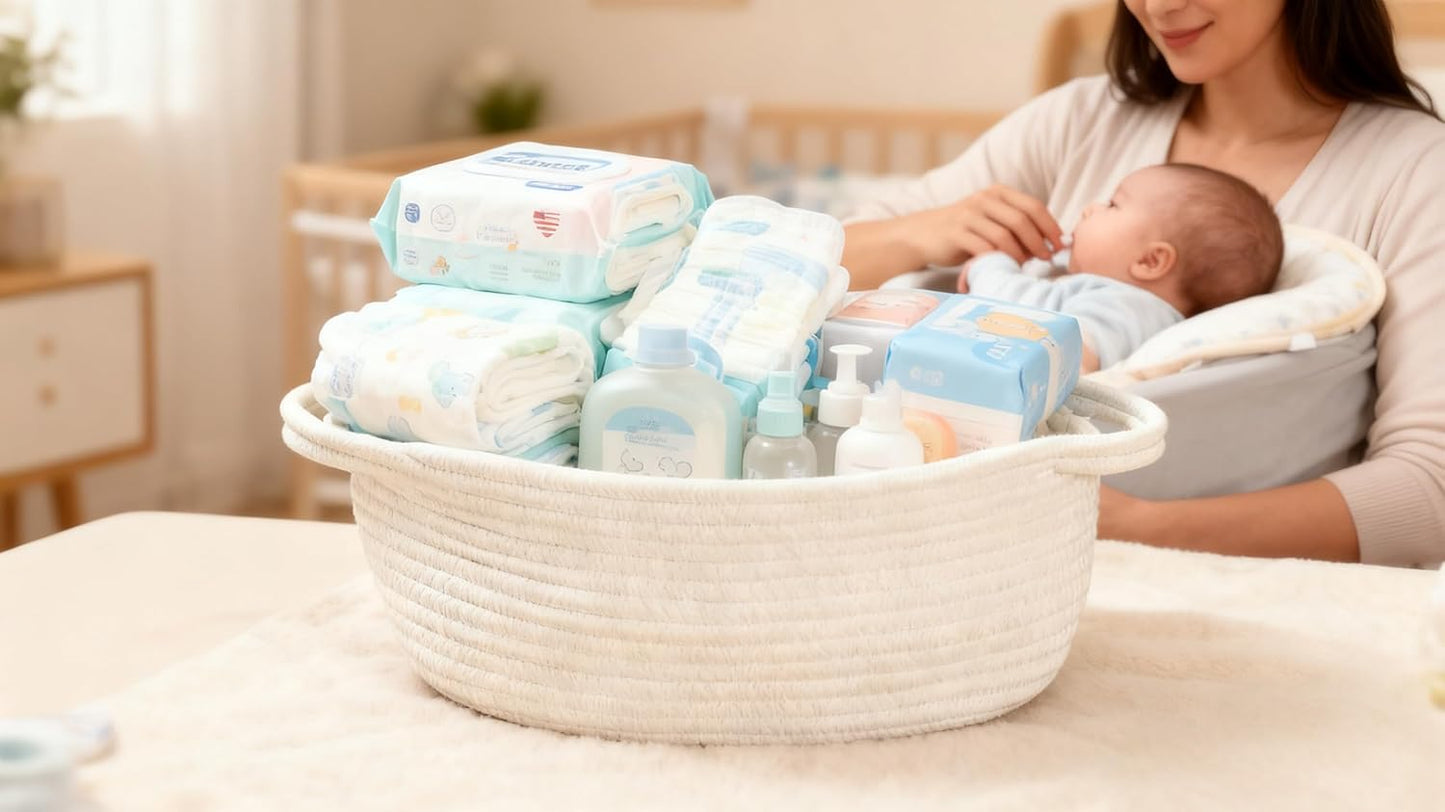 CREVENT Diaper Caddy Organizer, Baby Basket with Handle, Table Organizer for Storage, Portable Car Organizer, Baby Shower Gifts + Gift bag with Ribbon