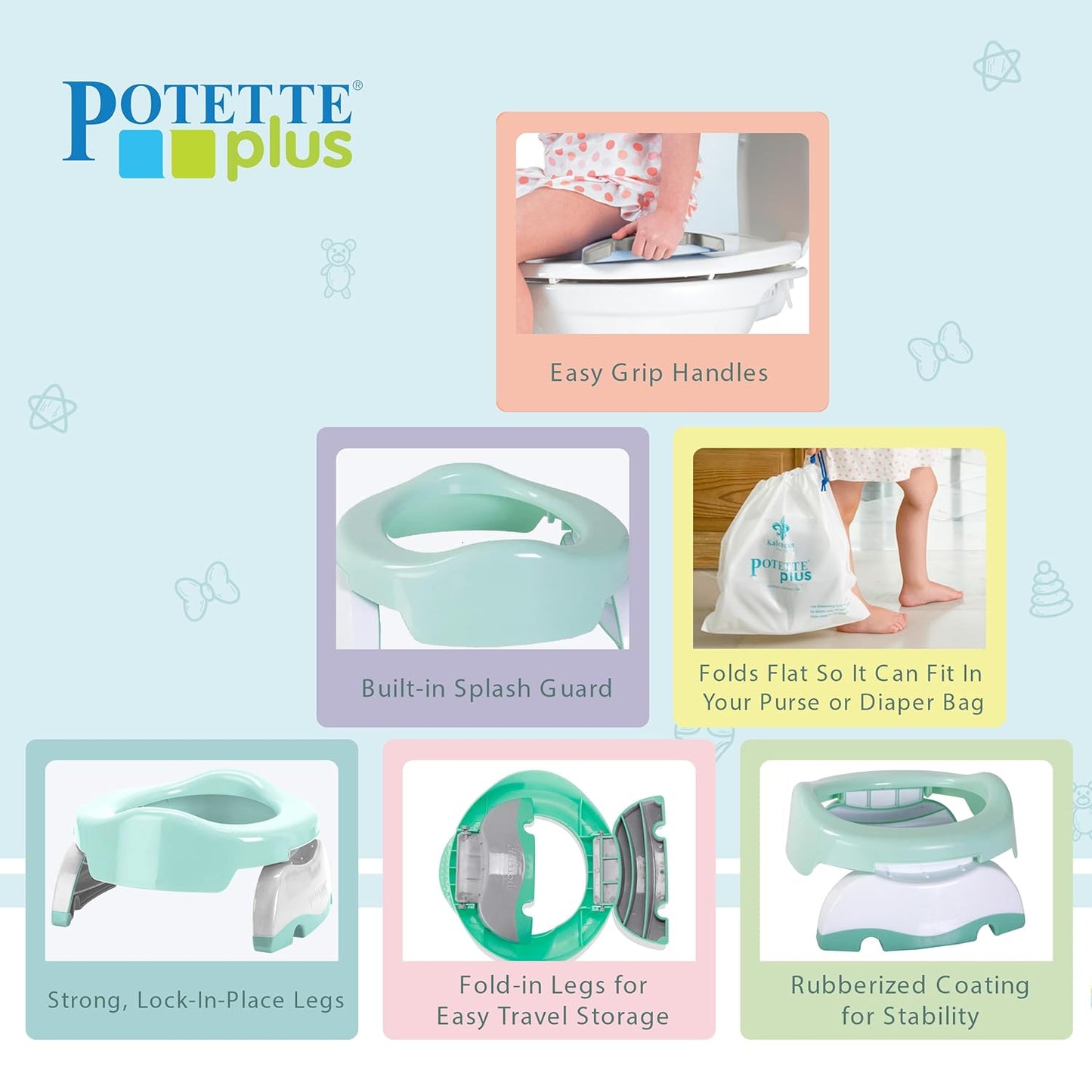 Kalencom Potette Plus 2-in-1 Travel Potty and Trainer Seat - Dual-Purpose Potty Training Toilet Seat - Portable Potty for Toddler Travel - with Durable, Lock-in Legs and Splash Guard - Pastel Mint