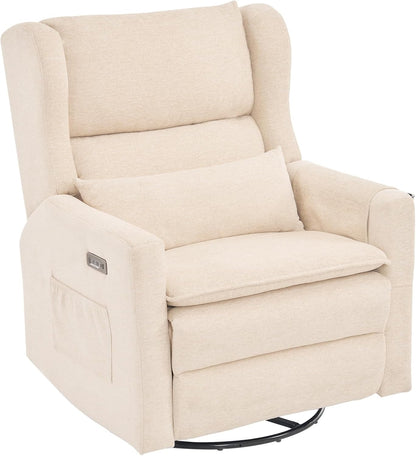 Power Recliner Chair Swivel Glider with Adjustable Headrest，Oversized Swivel Rocker Recliner with Lumbar Support, Upholstered Nursery Glider Recliner for Living Room,White