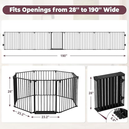 190" Extra Wide Baby Gate Playpen, Adjustable Baby Fence Play Yard, Long Dog Gates Indoor for Stair Doorway Fireplace, Large Child Gate for Toddler Kid Pet, Family Essentials Safty Gate, Black