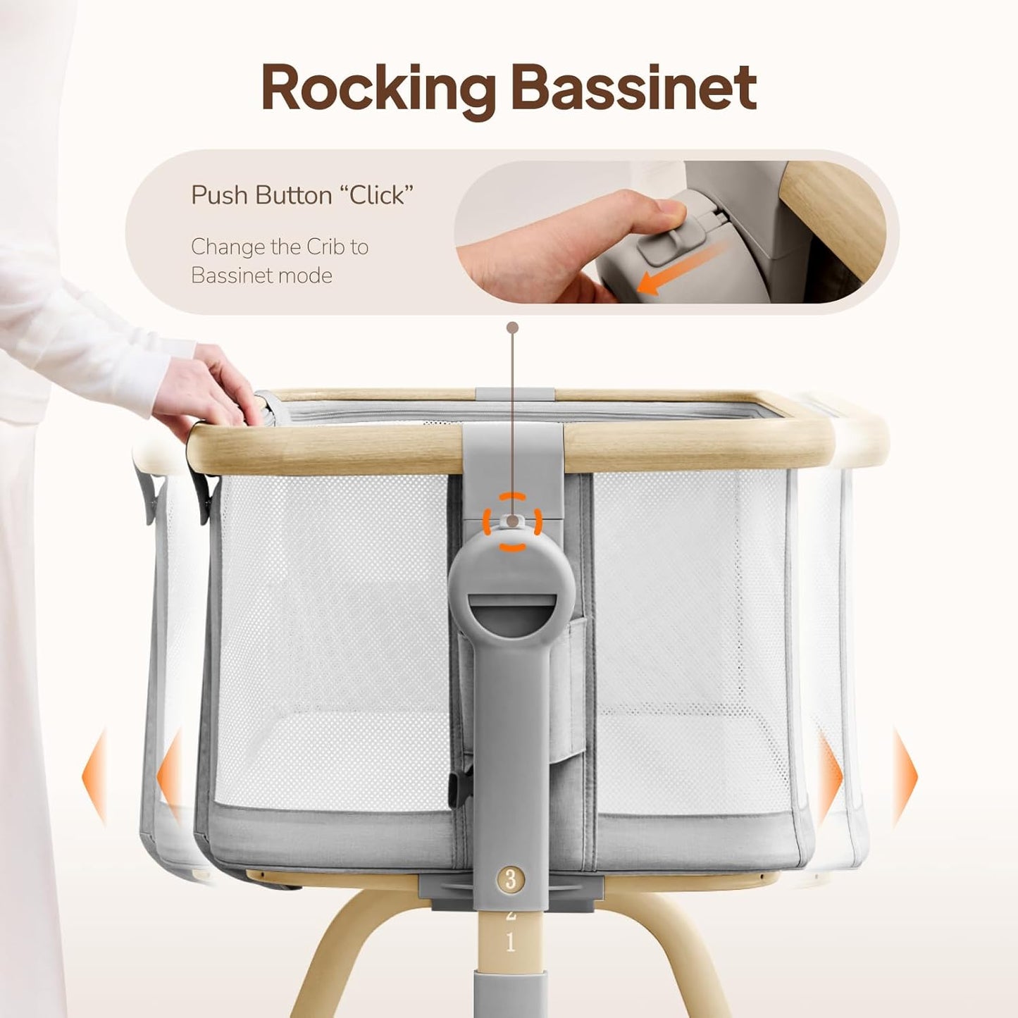 Tinyiota 3 in 1 Baby Bassinet,Rocking Bedside Crib Sleeper for Newborns,Adjustable Height Bassinet with Mattress and Soft,Breathable Sheet,Full-Mesh Sides,Stable&Cozy Crib for Babies