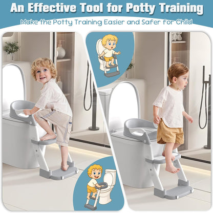 Potty Training Seat, Toddler Potty Training Toilet with Step Stool Ladder for Kids Boys Girls, 3 in 1 Foldable Toilet Seat Potty Chair with Urinals, Splash Guard, Handles, Anti-Slip Pad,Grey
