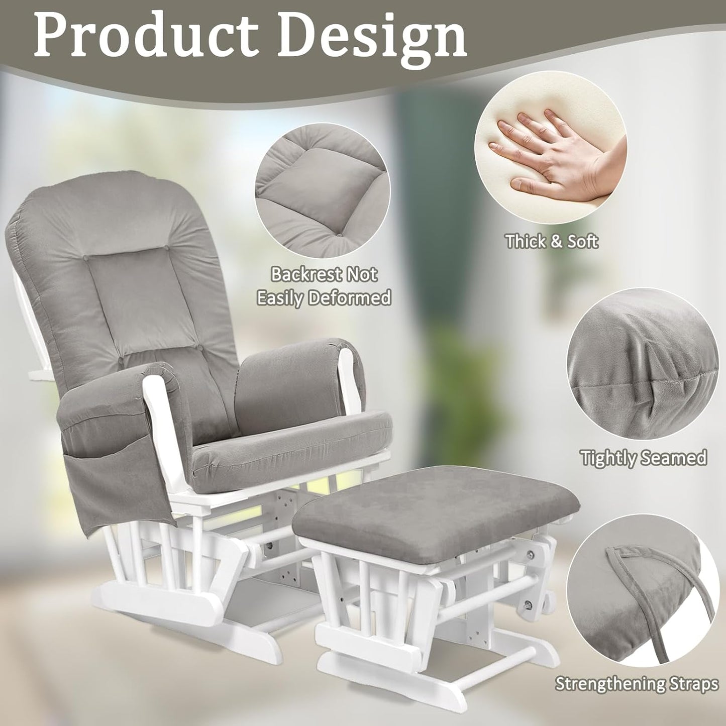 BECHAEO 5PCS Suede Glider Rocker Replacement Cushions with Ottoman Cover Thicken Soft Rocking Chair Cushion Set for Indoor Nursery Glider Rocking Chair, Blue