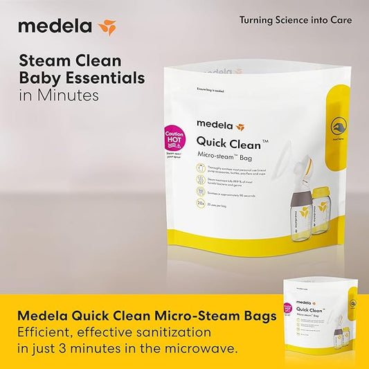 Medela Quick Clean Microwave Sterilizer Bags for Bottles and Breast Pump Parts, Reusable Up to 20 Times Per Bag, Food-Grade Material, Made Without BPA, Pack of 12
