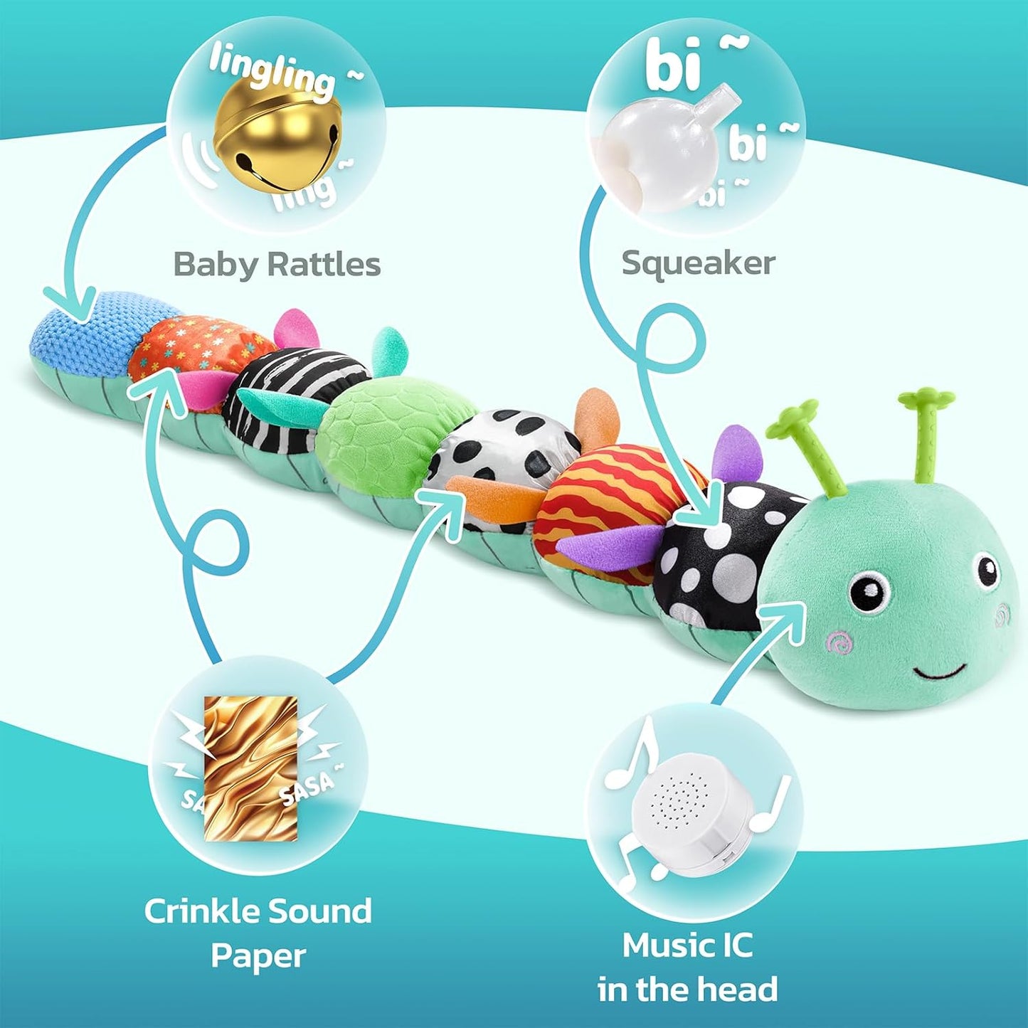 HEMRLY Baby Sensory Toy 0-6 Months, Musical Stuffed Caterpillar Plush with Teether, Crinkle, Rattle, Baby Mirror for Tummy Time, Infant Car Seat Toy for 0-3-6-12 Month Boys Girls Gifts - Knotted Green