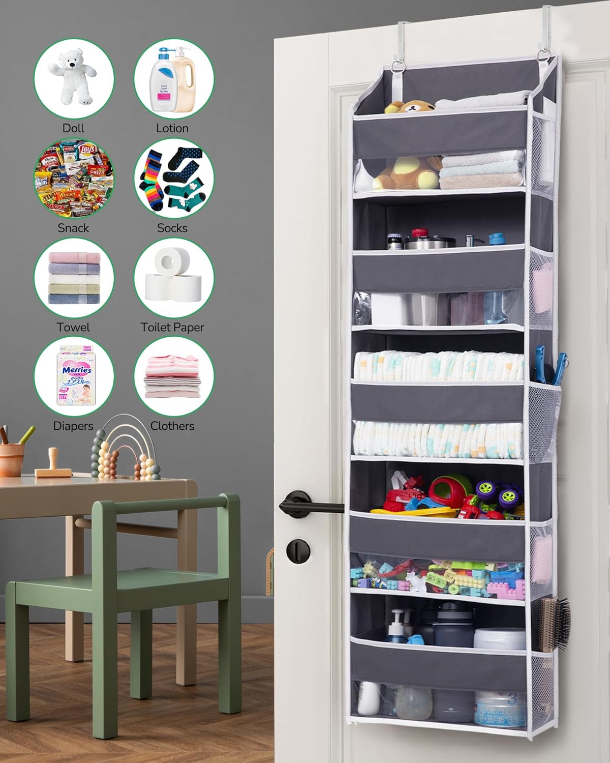 ULG 1 Pack Over Door Organizer with 5 Large and 10 Mesh Side Pockets, 44 lbs Weight Capacity Hanging Storage with Clear Window Kids Toys, Shoes, Diapers, Dark Grey, 5 Layers