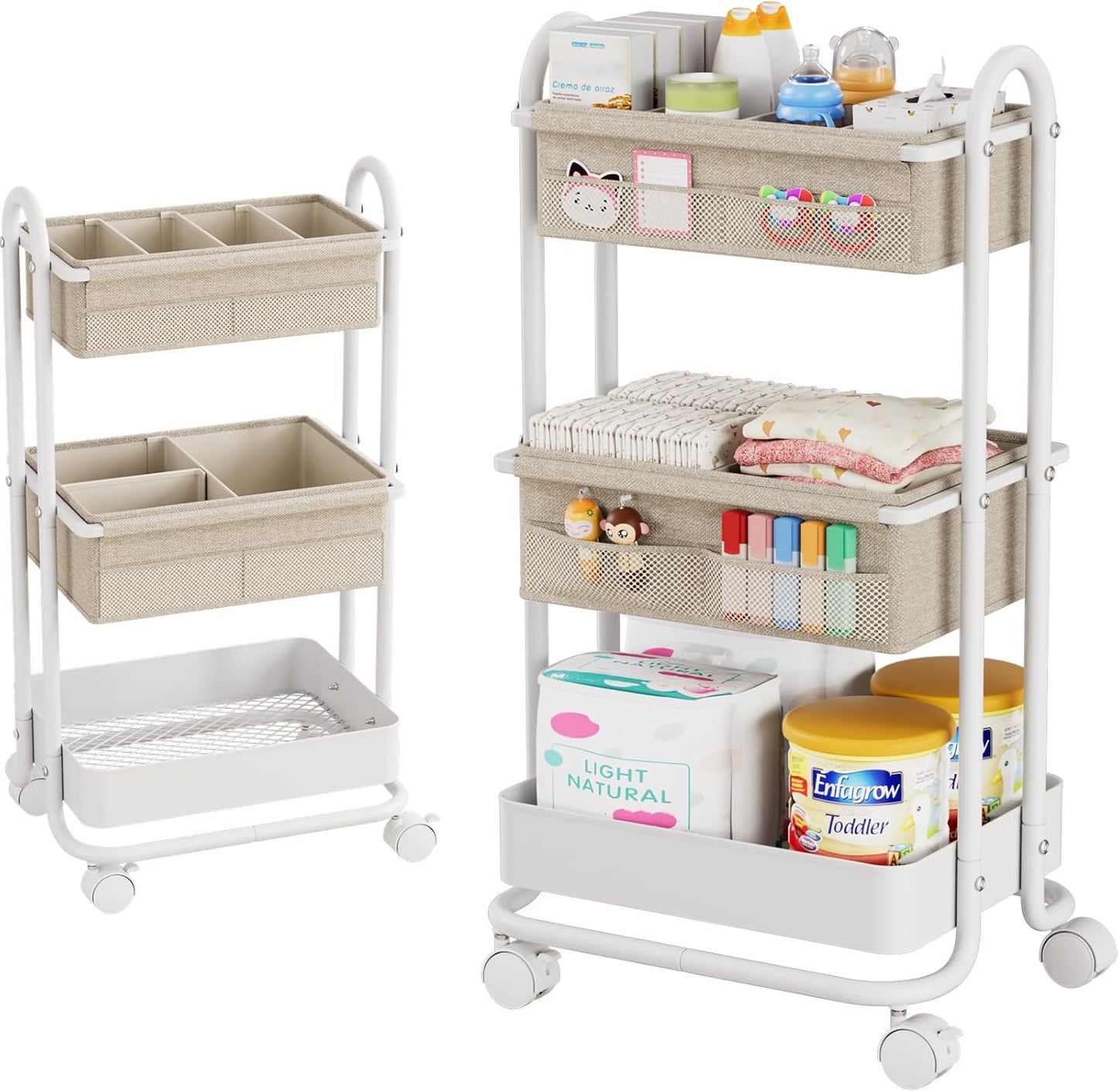 Modanais Baby Diaper Caddy Organizer Cart - 3 Tier Rolling Storage Cart with Wheels, Baby Essentials for Nursery Storage, Detachable Dividers - for Crib, Bedroom, Art & Craft Organizer (Black)