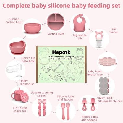 16 Pack Silicone Baby Feeding Set, BPA-Free Baby LED Weaning Supplies, Include Suction Plates, Baby Bowls, Silicone Fork & Spoon, and More, First Stage Baby Food Eating Utensils - 6+ Months(Blue, 16)