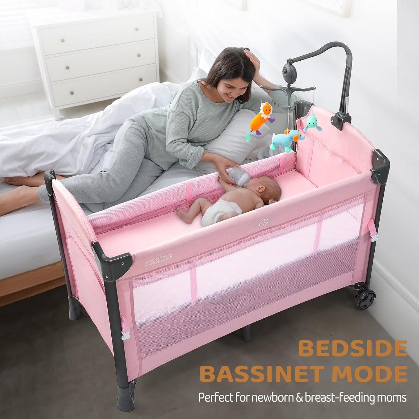 JOYMOR Baby Bedside Bassinet, Baby Bassinet, Pack n Play Convert Playpen, Quick Foldable Travel Bed with Wheels & Brake, Carry Bag for Boys Girls (Gray)