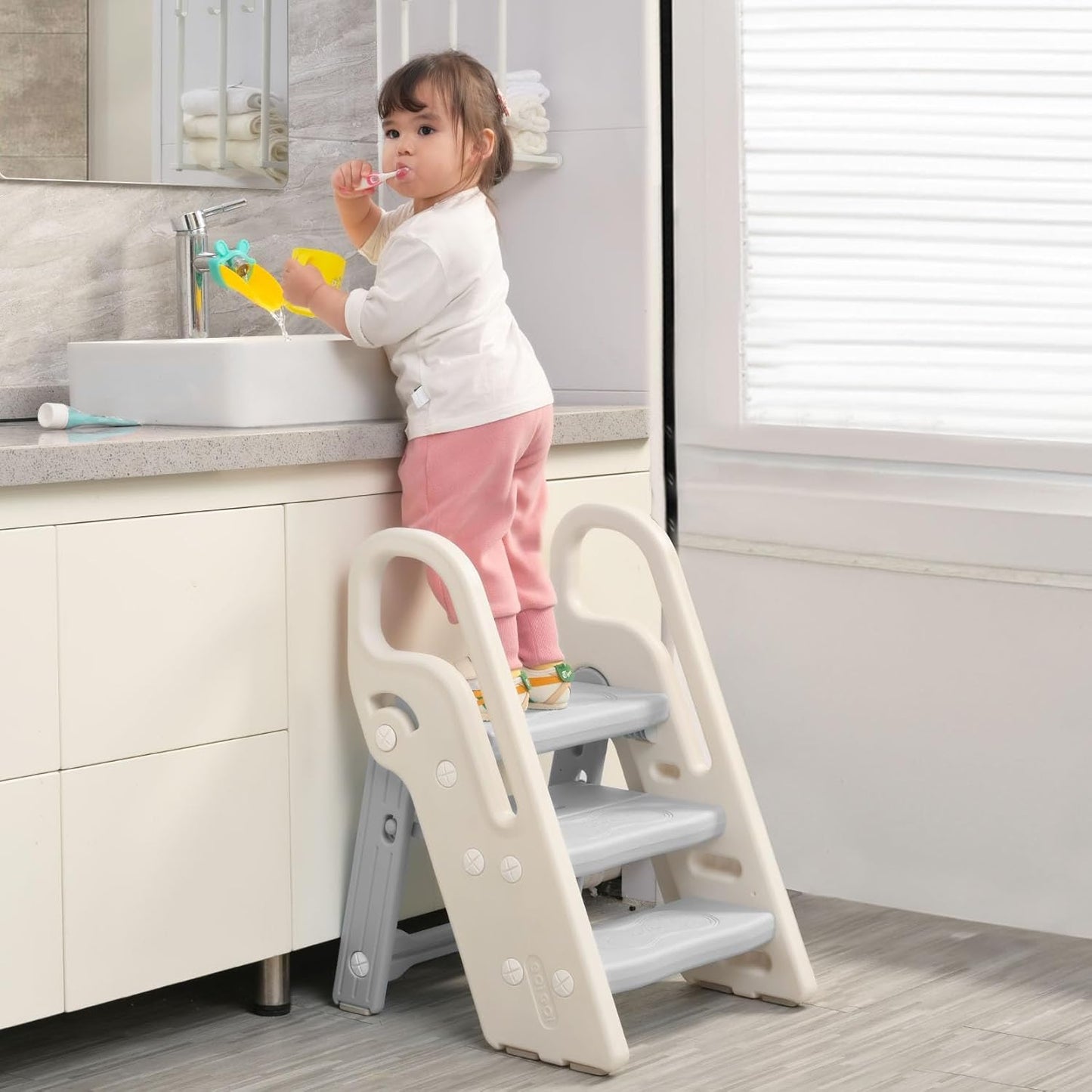 Onasti Foldable Toddler Step Stool for Bathroom Sink, Adjustable 3 Step Stool for Kids Toilet Potty Training Stool with Handles, Child Kitchen Counter Stool Helper, Plastic Ladder for Toddlers Pink