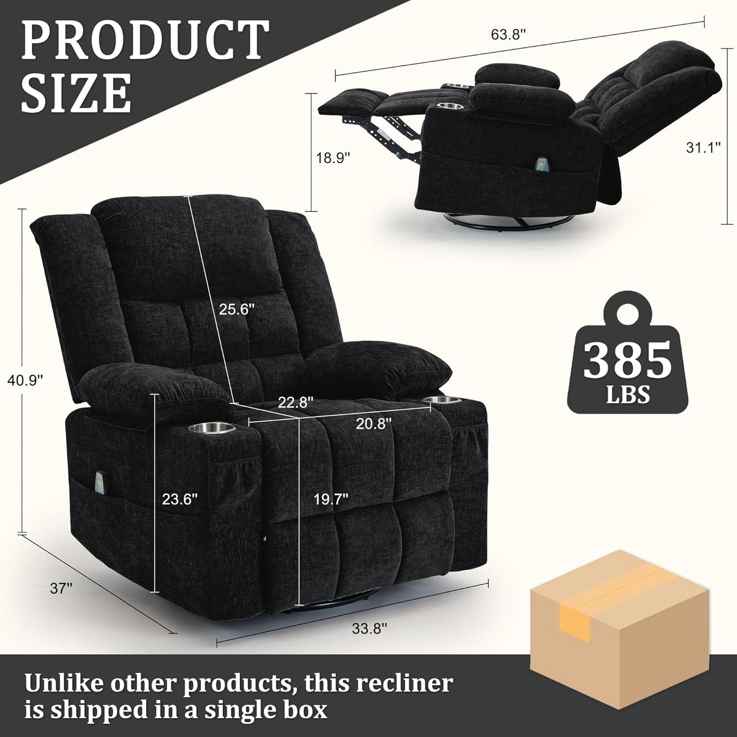 Korser 360° Swivel Rocker Recliner for Adults, Nursery Glider Recliner with Massage and Heating, Rocking Chair with Cup Holder, Manual Recliner Chair for Living Room, Bedroom (Fabric, Beige)