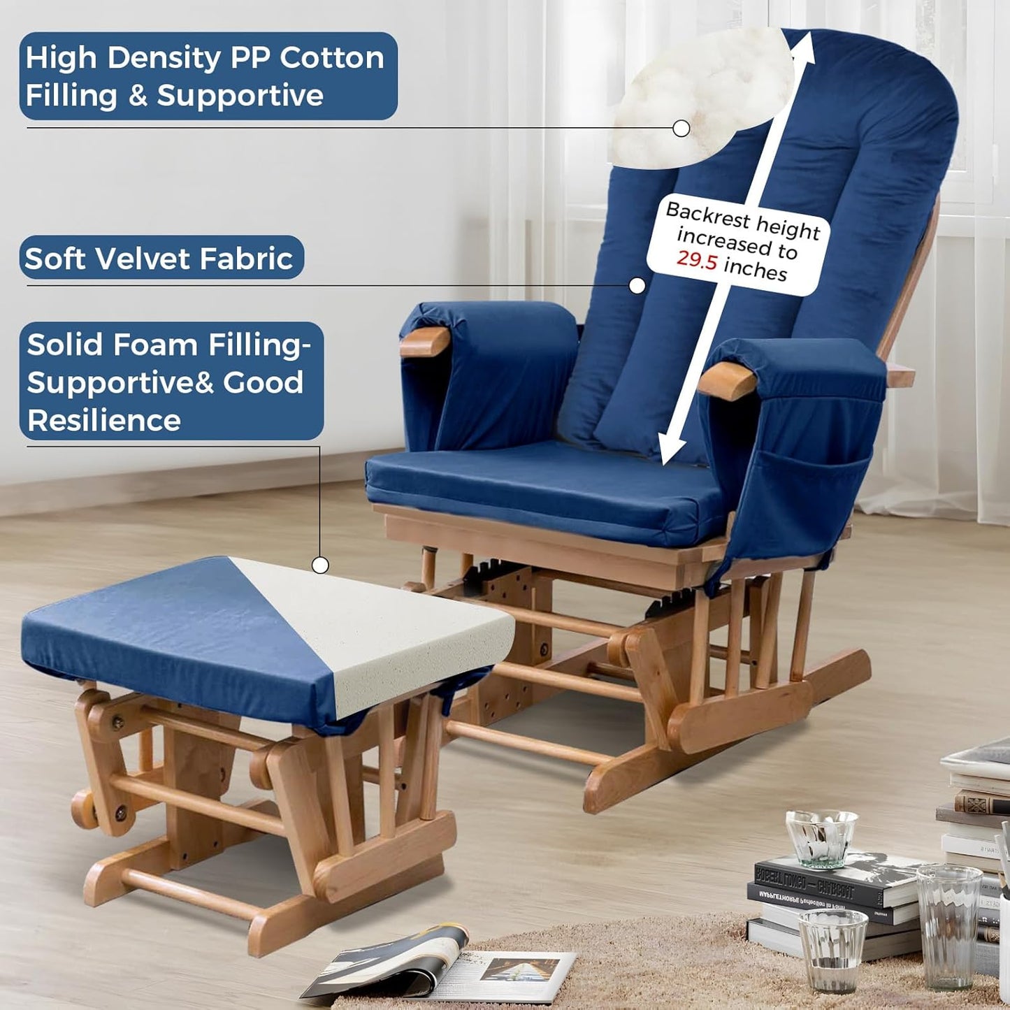 5PCS Suede Glider Rocker Replacement Cushions with 29.5" High Backrest & Side Pockets, Thickened Soft Glider Rocking Chair Cushions with Ottoman Cushion for Indoor Nursery Rocking Chair, Green
