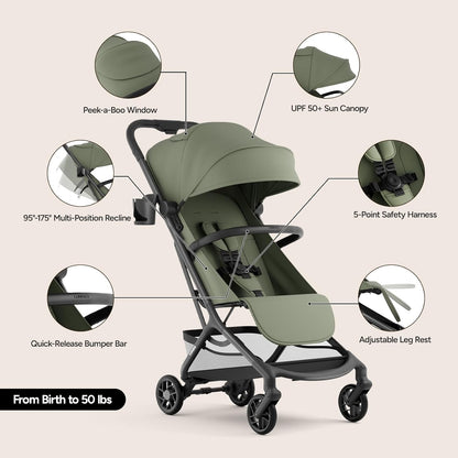 Neo Lightweight Travel Stroller with Snack Tray, Airplane-Friendly Compact Baby Stroller, One-Hand Fold Portable Stroller for Toddler 0-55lbs, Adjustable Recline Seat, UPF 50+ Canopy,Rain Cover