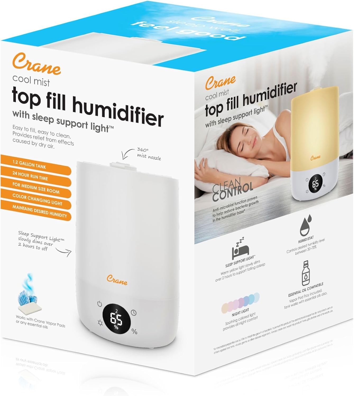 Crane Top Fill Mini Humidifier for Bedroom and Nursery 3-In-1 Essential Oil Diffuser Sleep Light 0.5 Gallon Baby Humidifier