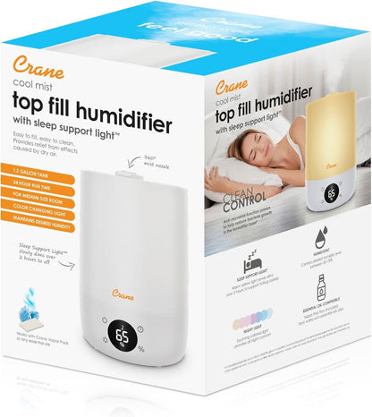 Crane Top Fill Mini Humidifier for Bedroom and Nursery 3-In-1 Essential Oil Diffuser Sleep Light 0.5 Gallon Baby Humidifier