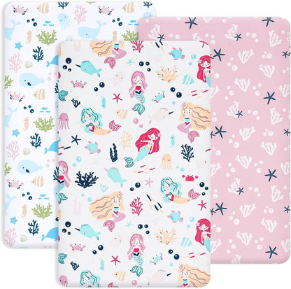 PHF 3 Pack Soft Mini Crib Sheets, Floral & Animal Pack N Play Sheets for Baby Boys Girls, No Slip Universal Fit for Pack N Play, Playard, Portable and Mini Crib Mattresses,Floral & Animal