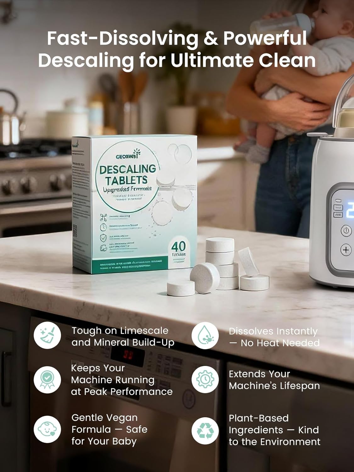 GROWNSY Descaler for Bottle Warmer & Sterilizer, Daily Essential Descaling Tablets, Cleaner for Baby Food Makers, Deep Limescale & Odor Removal, Performance Care, 20 Count for Regular Maintenance
