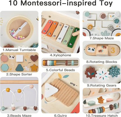 Wooden Baby Walker, Activity Cube Push Walker for Boys and Girls, Toddler Montessori Learning to Walk Toy with Adjustable Speed