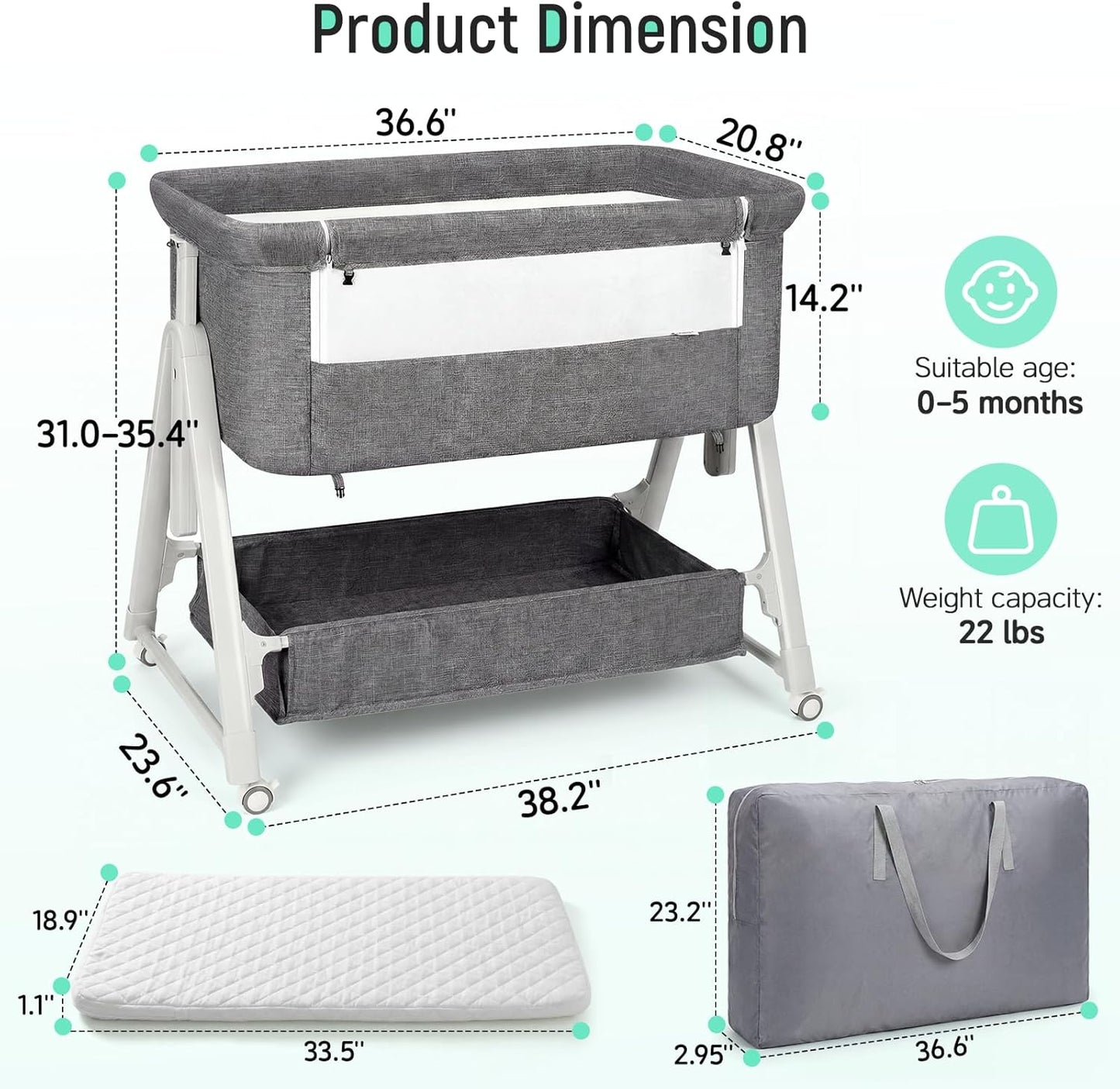 Cowiewie Bassinet Bedside Sleeper,3-in-1 Baby Bassinet with Mattress & Wheels,Easy Folding Portable Bedside Bassinet for Baby with Storage & Travel Bag,Breathable Mesh,Stable & Secure,Beige