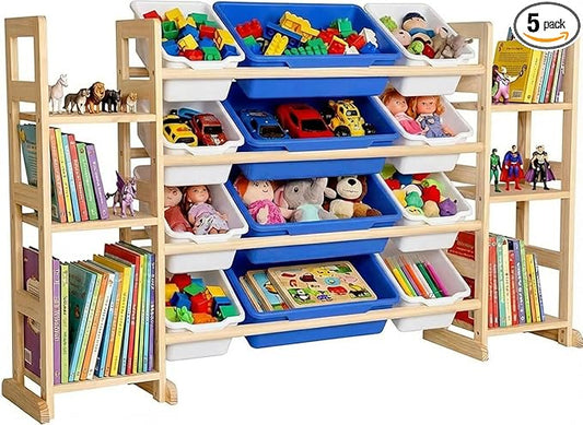 Amdermi Kids Toy Storage Organizer, 51" W White 6-Shelf Bookcase with 12 Bins, Cubby Unit for Toddler Playroom & Bedroom Organization (Blue)