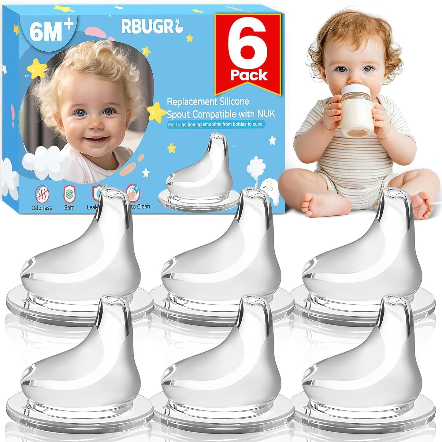 RBUGR 6 Pack Replacement Silicone Spout Compatible with NUK Active and Learner Cups, Sippy Cup Nipple for NUK Sippy Cup & Learner Cup, 100% Silicone Sippy Nipples for 6m+