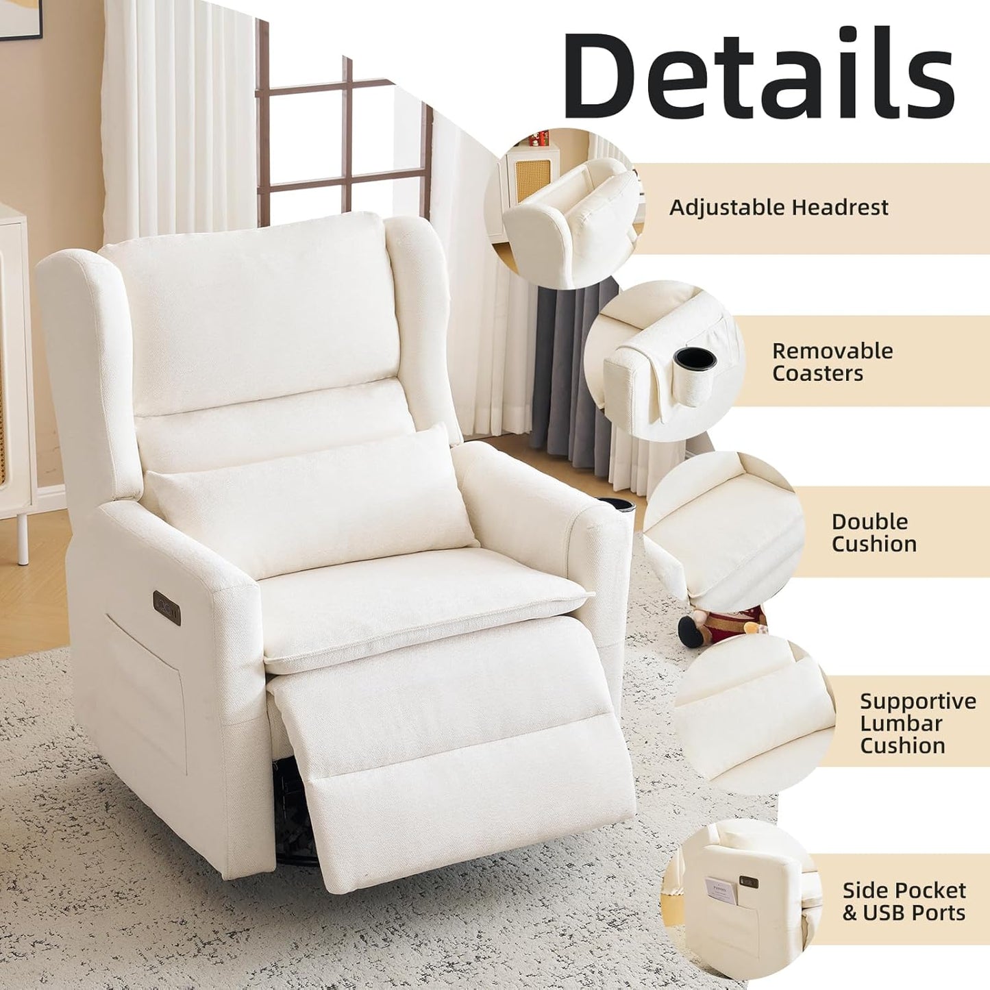 Large Glider Rocker Recliner,Rocking Chair Nursery with Adjustable Headrest,Swivel Rocker Recliner with Lumbar Support,Manual Nursery Rocker Recliner for Living Room& Bedroom,Chenille White
