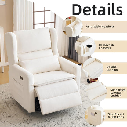 Large Glider Rocker Recliner,Rocking Chair Nursery with Adjustable Headrest,Swivel Rocker Recliner with Lumbar Support,Manual Nursery Rocker Recliner for Living Room& Bedroom,Chenille White