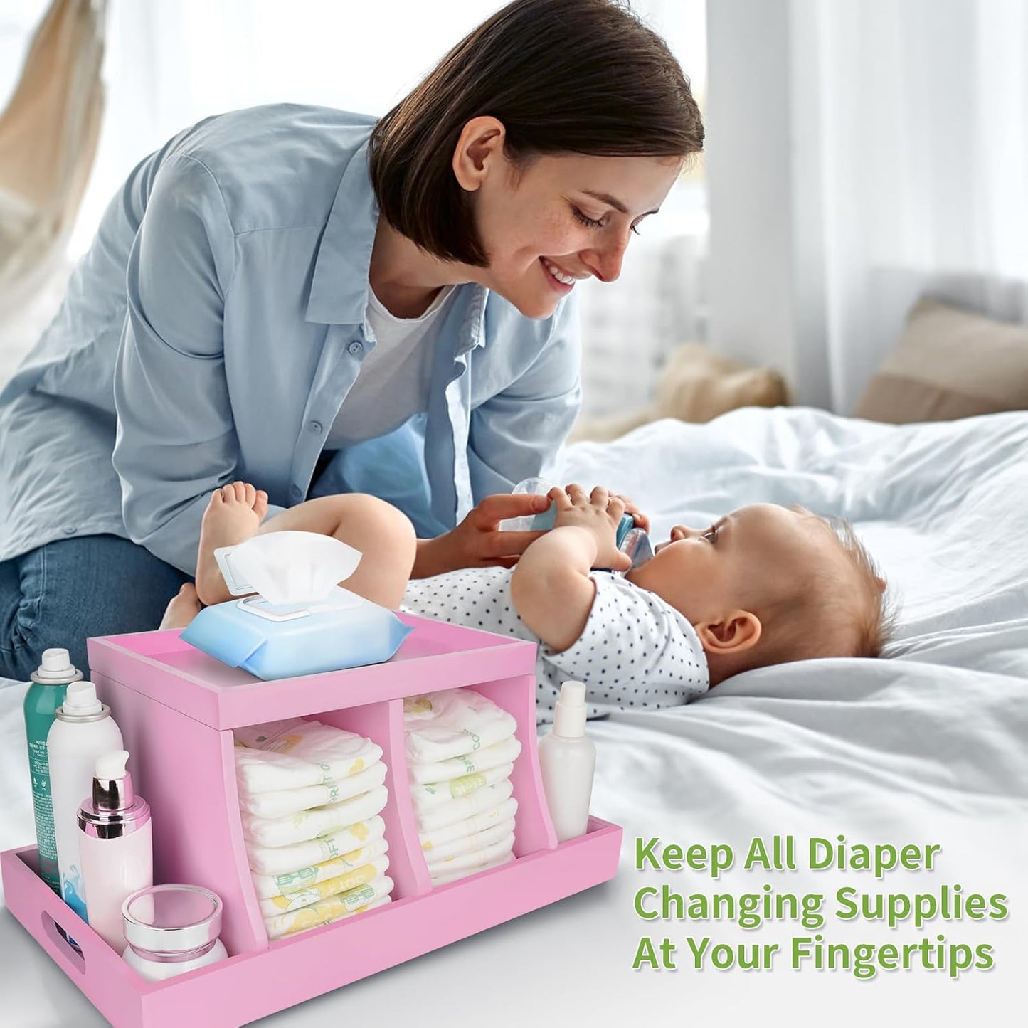 Diaper Caddy Organizer, Changing Table Organizer, Wooden Diaper Organizer for Nursery, Baby Diaper Storage Organizer with Removable Dividers (Brown, Rectangular Size)