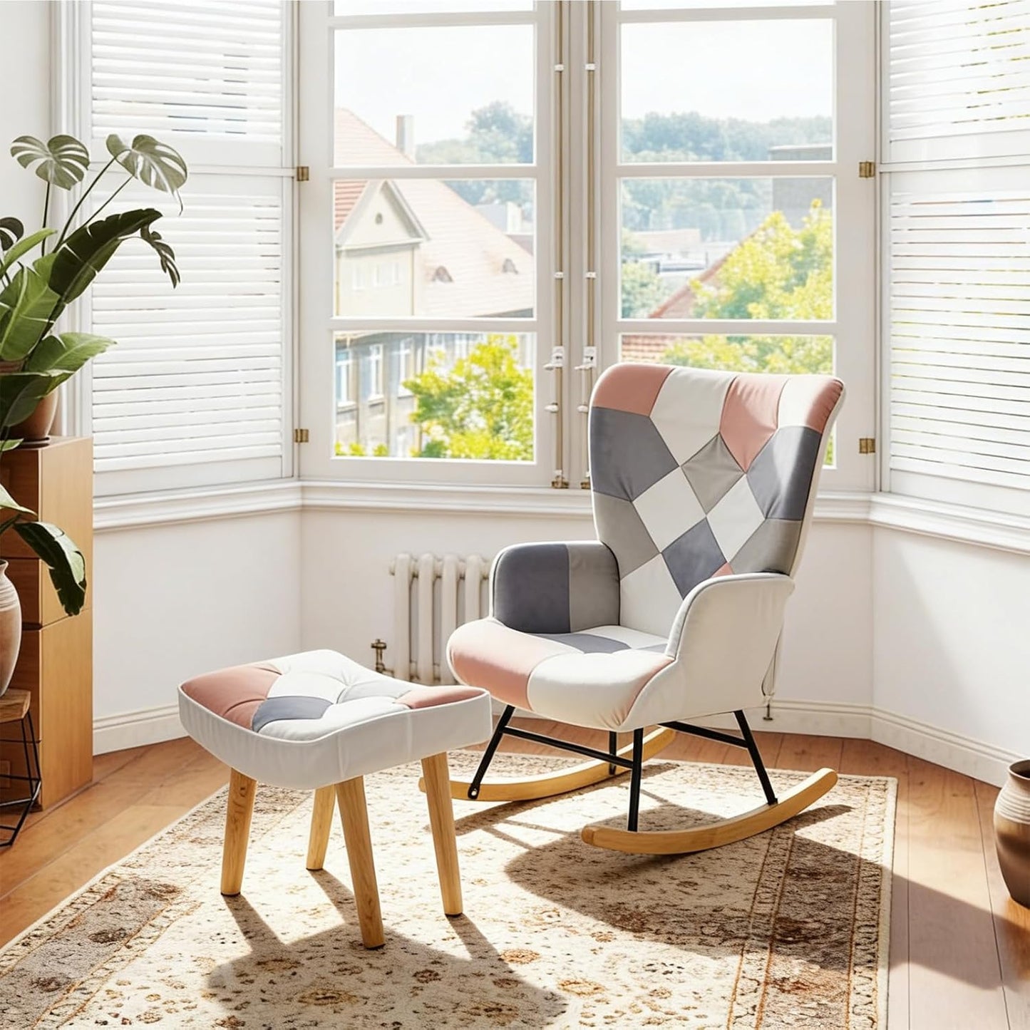 Nursery Rocking Chair, Baby Toddler Glider Rocker with Ottoman, Comfy Accent Chair, for Bedroom Living Room Small Spaces, Patchwork Linen, Colorful