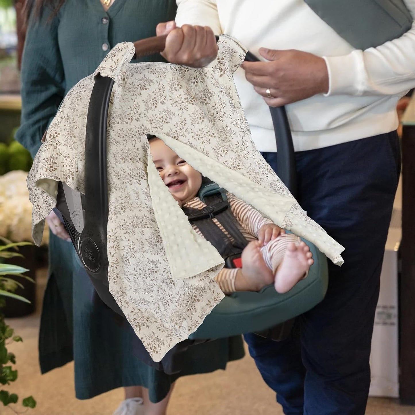 2-in-1 Baby Car Seat Cover & Canopy | Mom Nursing Cover, Easy Install Shield | Multi-Purpose for Winter Warmth & Summer Shade (Brown)