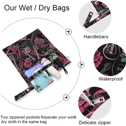 visesunny Yellow Dinosaurs Volcano and Palm Tree 2Pcs Wet Bag with Zippered Pockets Washable Reusable Roomy for Travel,Beach,Pool,Daycare,Stroller,Diapers,Dirty Gym Clothes, Wet Swimsuits, Toiletries
