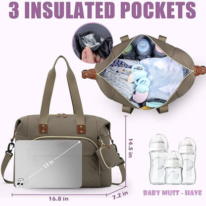 Tuwubi Diaper Bag Tote,Baby Diaper Bag with Pacifier Case Large Travel Diaper Tote Caddy for Mom and Dad Multifunction Large Baby Bag - Khaki